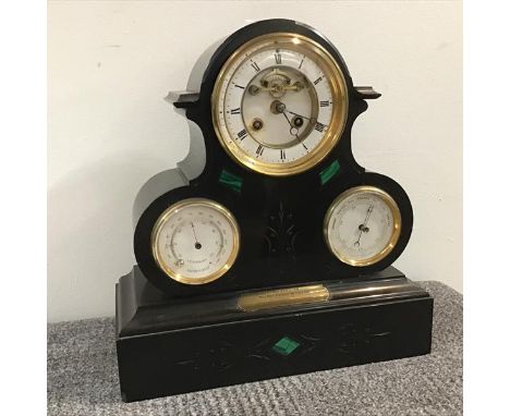 A 19th century slate mantel clock, barometer and thermometer combination, the case of architectural form, inlaid with small m