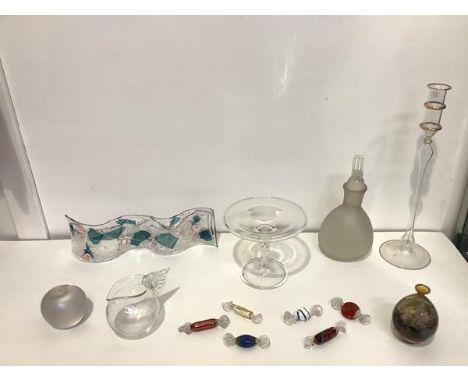 A group of 20th century studio and Murano glass comprising: a large opaque bottle, the ball stopper with finial moulded as a 