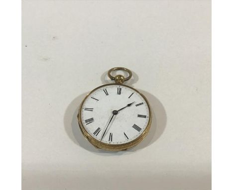 An 18ct gold open face fob watch, early 20th century, the white enamel dial (lacking glass) with Roman numerals, within a fol
