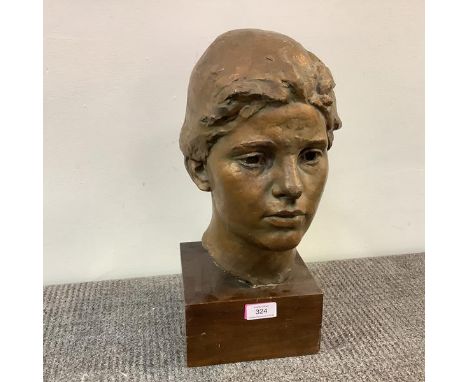 •Denis Peploe R.S.A. (Scottish, 1914-93), Deirdre Guthrie, a plaster portrait bust, with bronzed finish, mounted on a wooden 