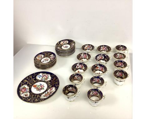 A mid-19th century English partial tea and coffee service, in the Coalport style, comprising: six tea cups, eight cans, fourt
