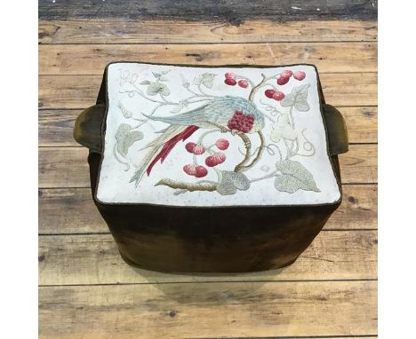 Dunecht House interest: a late Victorian tapestry pouffe, the seat embroidered with a depiction of a parrot amongst foliage a