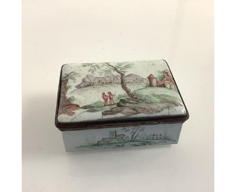 An enamel snuff box, 18th century, of rectangular form, the cover and sides decorated with figures and picturesque buildings,