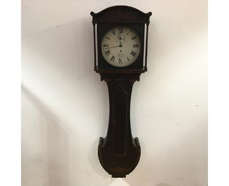 A George III black japanned hooded wall clock or tavern clock, c. 1800, the (re-painted) enamel dial signed Thos. Green, Bris