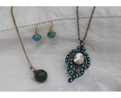 A turquoise and pearl set pendant, to a white metal setting on a white metal chain together with a pair of turquoise earrings
