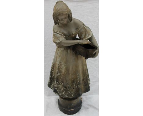 A Goldscheider style plaster figure of Pandora opening her box, in an off the shoulder dress on a circular base impressed ***