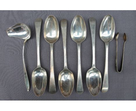 A set of six George III silver table spoons, with coat of arms engraved, London 1776 &amp; 1777, approximately 398 grams, 21.