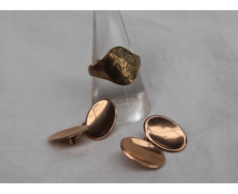 A 9ct yellow gold signet ring engraved with the prince of Wales feathers, size approximately R together with a pair of yellow