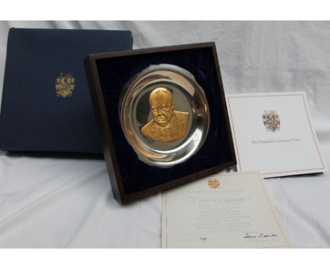 1974 Churchill Centenary Trust commemorative silver plate in Blue Presentation box. A silver limited edition plate by John Pi