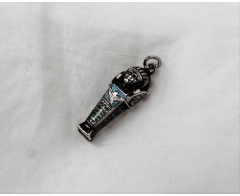 Egyptian style white metal and enamel sarcophagus shaped hinged pendant, with enamel decoration, approximately 3cm