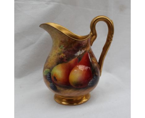 A Royal Worcester porcelain milk jug, painted with pears and blackberries to a naturalistic ground signed H Stinton, on a gil