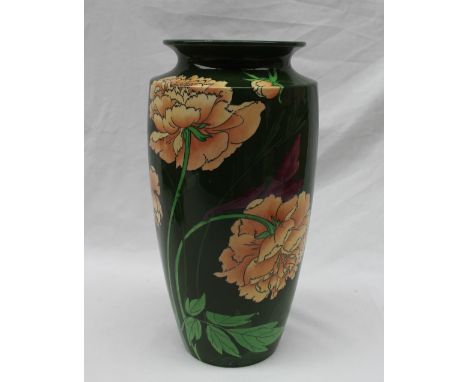 A large Wileman &amp; Son Foley "Intarsio" pattern vase, with a flared rim, decorated with flowers and leaves to a green grou