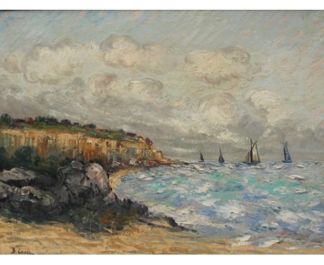 Bernard Cowez A seascape with a cliff and yachts in the distance Oil on canvas Signed 53 x 71cm ***Artists resale rights may 