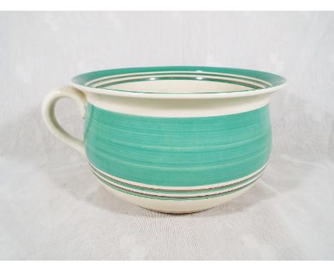 A Bizarre by Clarice Cliff chamber pot, decorated with green and brown stipes on a cream ground, 13.5cm x 26cm (diam) Est £40
