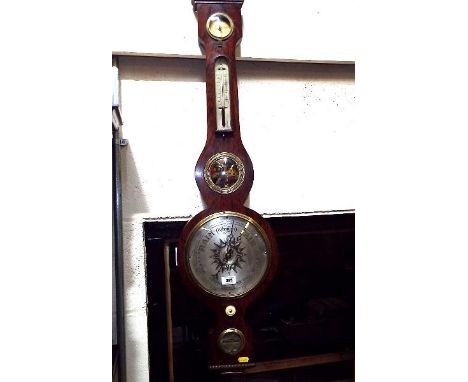 A late 19th century five light banjo style mercury barometer,rosewood case surmounted by swan necked pediment and turned urn 