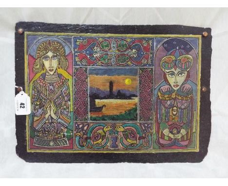 A picture depicting a landscape scene with a Celtic border, pained on slate, signed lower left G K Eady, image size 21cm x 30