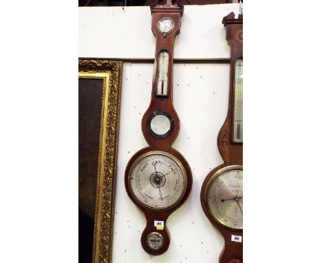 A late 19th century five light banjo style mercury barometer,mahogany case with stringing inlay to edge, surmounted by swan n