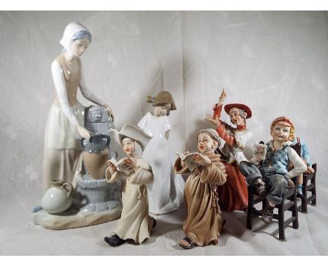 Two Nao by Lladro figurines and five Capodimonte figures, included in the lot is a Royal Crown Derby Ewer #1128, in original 