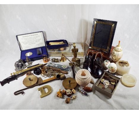 A good mixed lot of collectables to include ten Observer books, a pair of children's clogs, ornamental brass ware, an onyx li