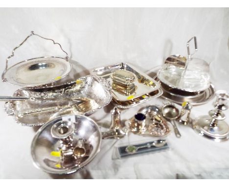 A collection of good quality silver plated ware to include serving dishes, a candlestick, cruet set and similar (qty)
