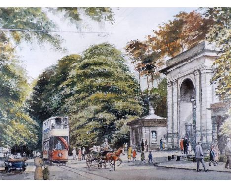 A limited edition colour print depicting the Plantation Gates, Wigan Lane, Wigan (1920's) after H. Walder signed in pencil to