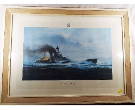 A first edition colour print entitled The Last Moments of HMS Hood by Robert Taylor signed by Ted Biggs M.B.E., R.N. (survivo