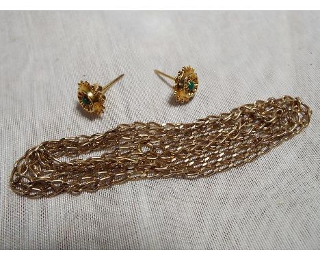 A 9ct yellow gold curb chain and a pair of 9ct gold earrings set with jade centre stone, approximate weight 8.39 grams