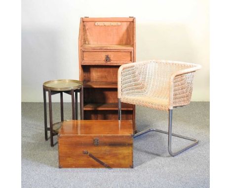 A pine shelf, together with a brass top occasional table, a wicker cantilever chair and a box (4)