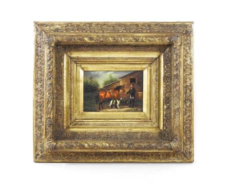 English school, horse and figure, oil on panel, 12 x 17cm