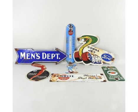 A collection of vintage style enamel advertising signs, to include Men's Department and Ford