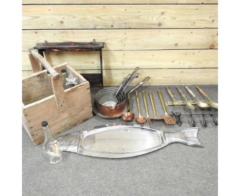 A set of French copper saucepans, together with metalwares, a wooden tray and a small wall shelf