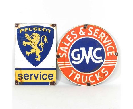 A circular vintage style enamel sign, GMC, together with another, Peugeot, 30cm diameter (2)