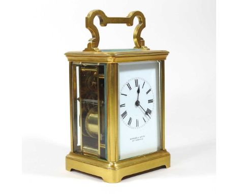 A gilt brass cased carriage clock, the enamel dial signed Barber &amp; Smith, Cornhill, 13cm high
