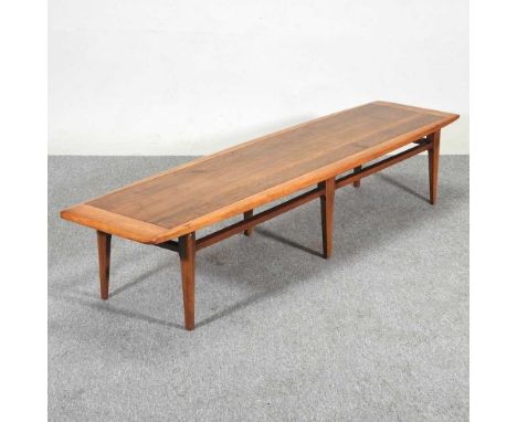 A 1960's Danish style teak coffee table, of tapered rectangular shape, on turned legs, stamped Lane182w x 41d x 34h cmOverall