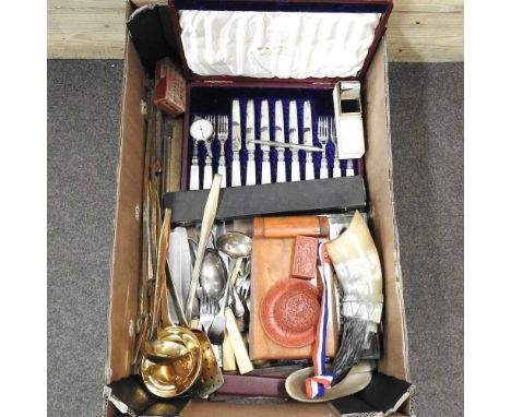 An early 20th century silver plated fish service, with mother pearl handles, cased, together with various cutlery, a silver m