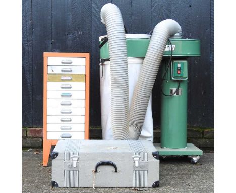 A workshop dust extractor, together with a metal file cabinet and a vintage suitcase (3)Dust extractor does start up and has 