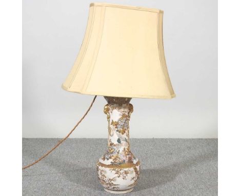 A Japanese pottery Satsuma table lamp, with shade, 74cm high overall