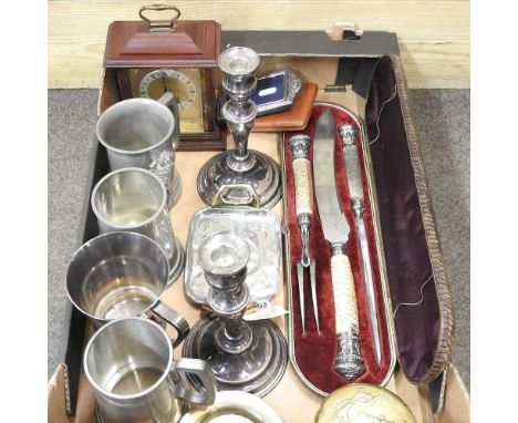 A collection of silver, silver plate and metal wares, to include pewter mugs and a Victorian horn handled carving set, cased