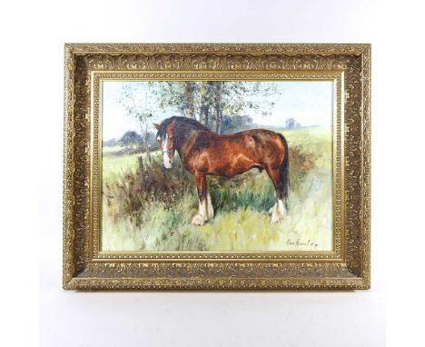 ARR Alan Fearnley, b1942, horse standing in a field, signed and dated '91, oil on canvas, 31 x 41cmOverall condition looks to