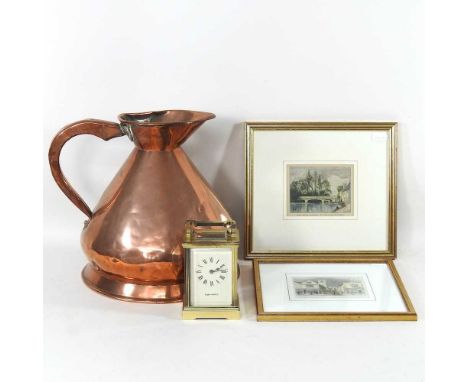 An early 20th century brass cased carriage clock, by Mappin and Webb, together with a Victorian copper measure, a poker and f