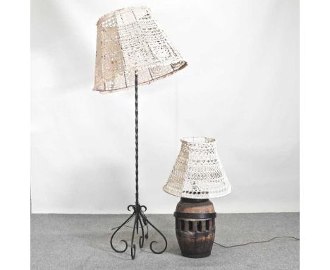 A French table lamp, in the form of a coopered barrel, together with a standard lamp and shade, 173cm high overall (2)