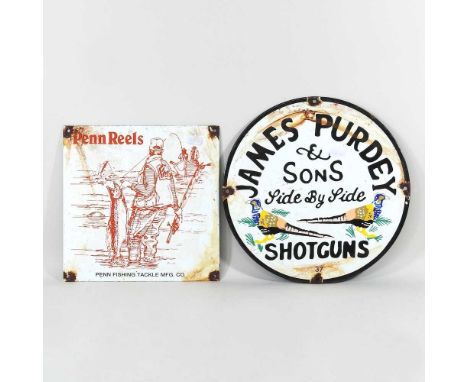 A circular vintage style enamel sign, Purdey, 30cm diameter, together with another Penn Reels (2)