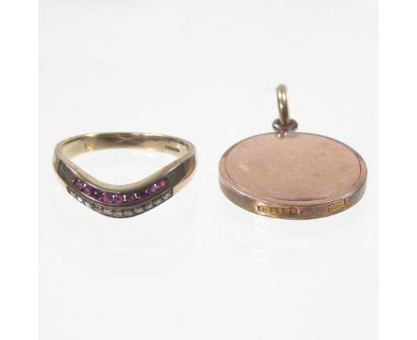 A 9 carat gold ruby and diamond channel set ring, of wave design, 3g, size O/P, together with a 9 carat gold hinged locket, 5