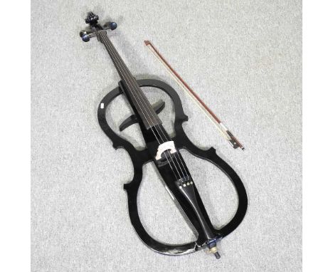 An Antoine Sonnet black electric cello, 125cm long, in a soft caseOverall condition looks to be complete. Little sign of use.