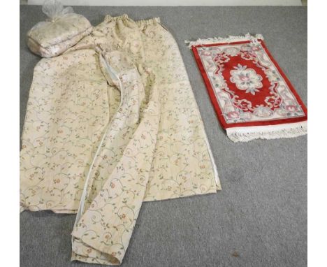 Three pairs of floral curtains, together with a small Chinese rug (4)Pair 1: each curtain 45w x 179l cm. Pair 2: each curtain