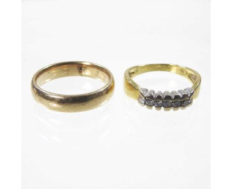 A 9 carat gold wedding band, 4.6g, size Q/R, together with a five stone diamond ring, marked indistinctly, 4.4g, size O/P (2)