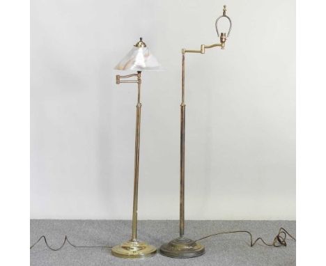 A brass floor standing reading lamp, with a glass shade 140cm high, together with a lamp base (2)