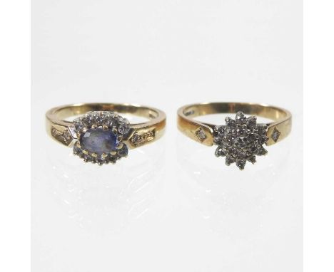 A 9 carat gold sapphire and diamond cluster ring, with diamond set shoulders, 2.8g, size M, together with a 9 carat gold diam