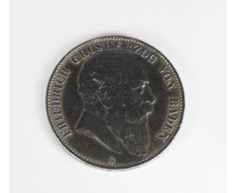 Silbermünze, 5 Mark 1907, G.  Friedrich der Großherzog von Baden, Gewicht: 27,56g. Altersbedingter Zustand.