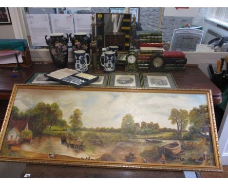 A mixed lot to include books, early 20th century vases, pictures, clocks, a telescope, a mirror and other items